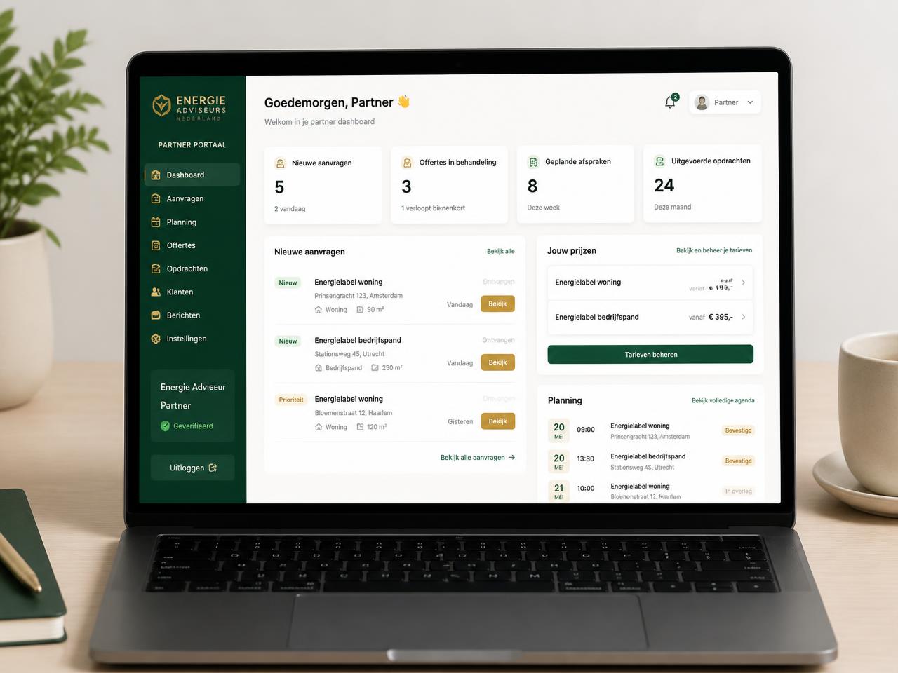 Partnerdashboard met nieuwe energielabel-aanvragen, tarieven en planning