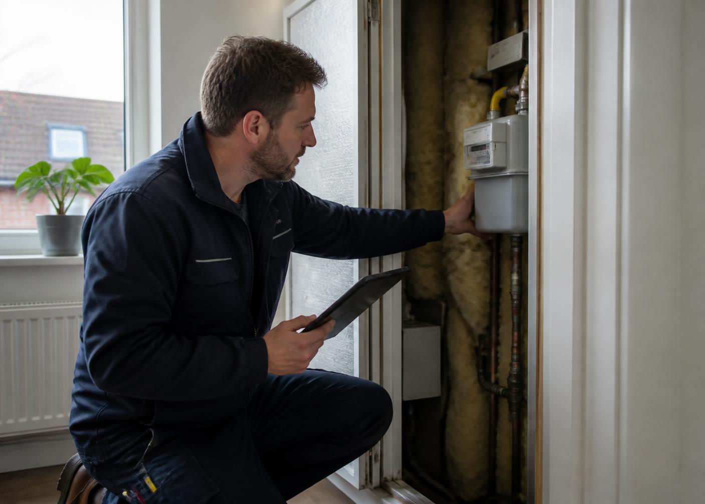 Energieadviseur bekijkt de meterkast van een woning