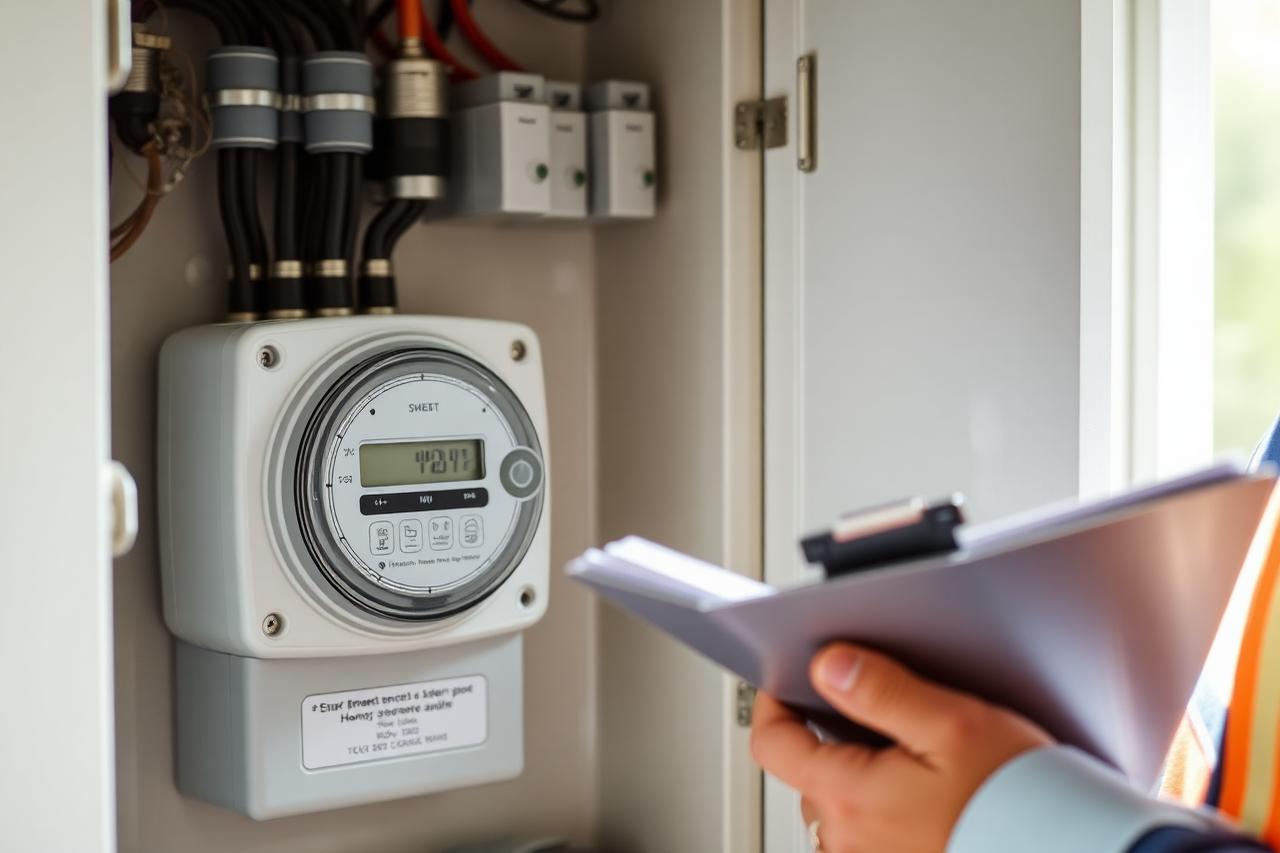 Energieadviseur controleert de meterkast van een woning tijdens de opname