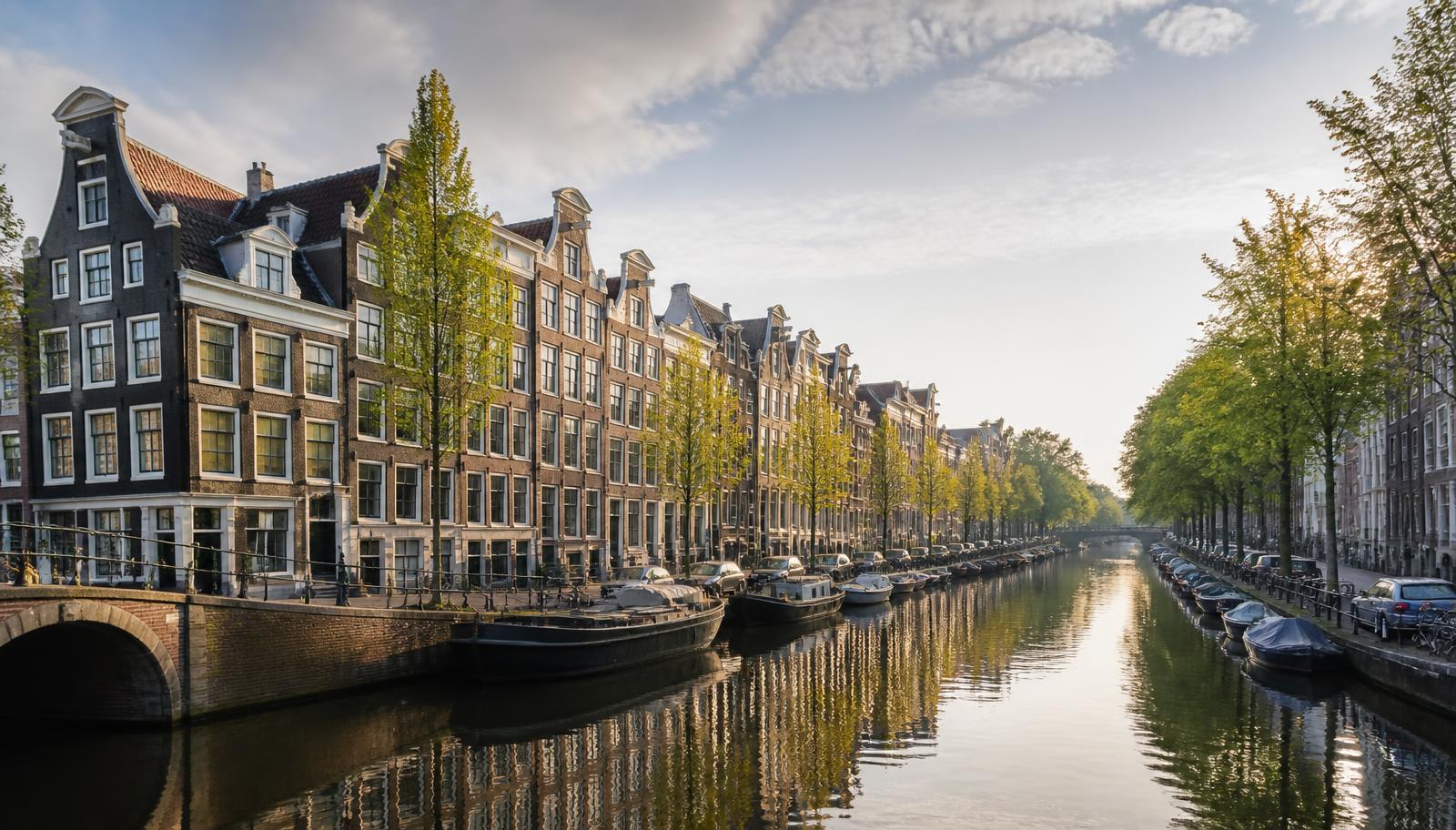 Nederlandse grachtenpanden langs een gracht