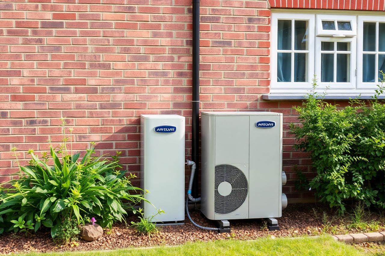 Buitenunit van een warmtepomp naast een woning