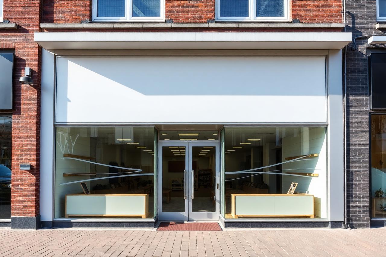 Winkelpand met groot glazen winkelfront in een Nederlandse straat