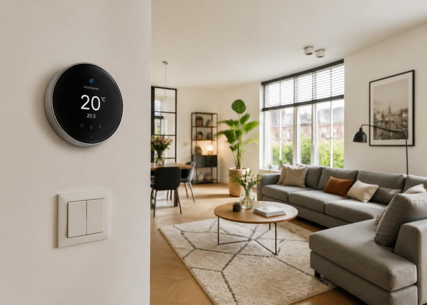 Lichte woonkamer met slimme thermostaat